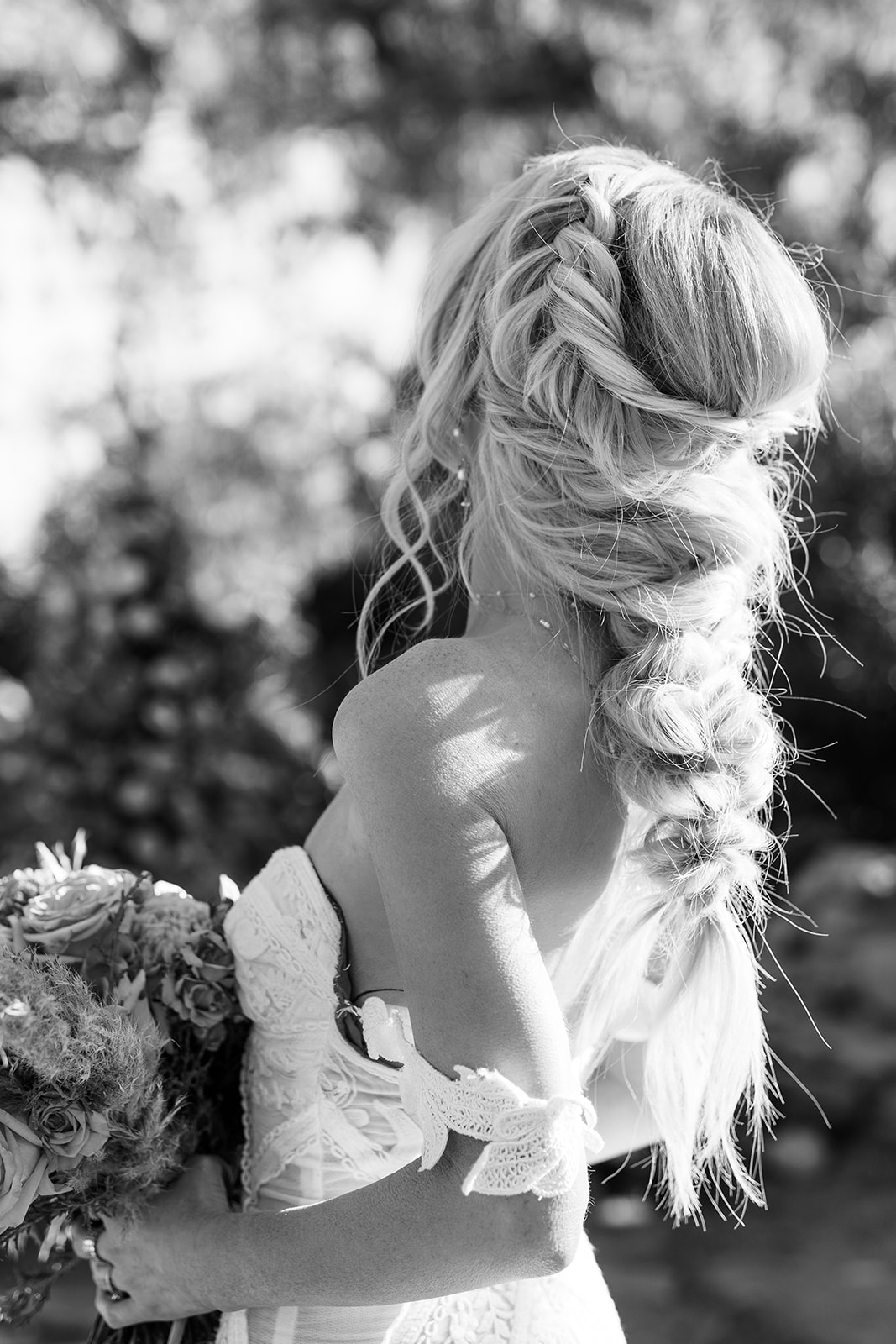 wedding hairstyle with braids, black and white wedding photo