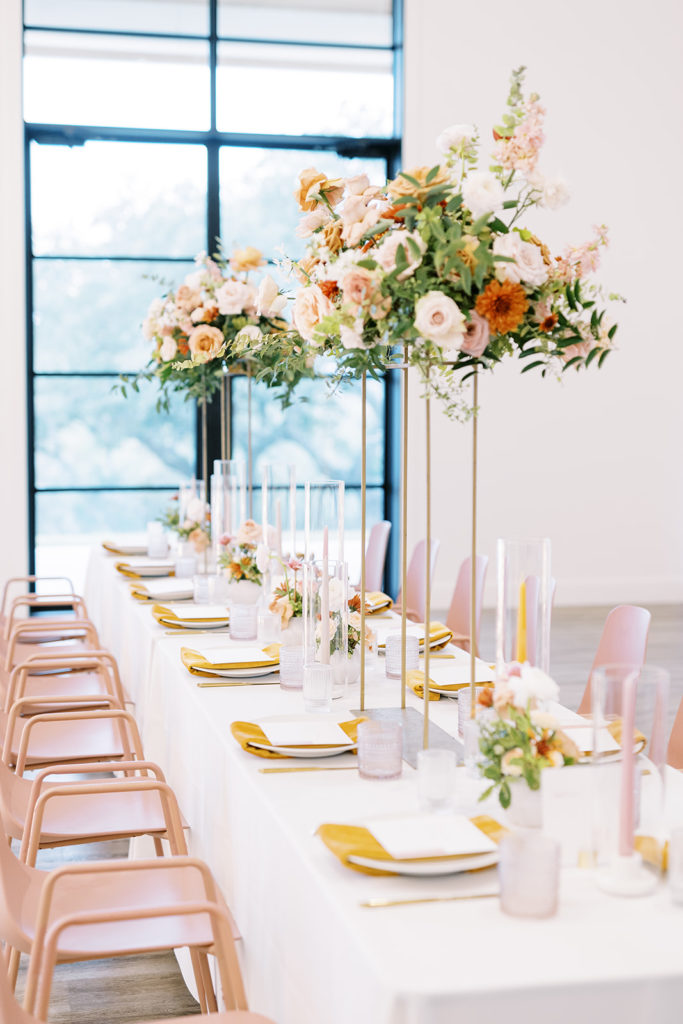 bright and colorful centerpieces and floral arrangements at texas wedding venue