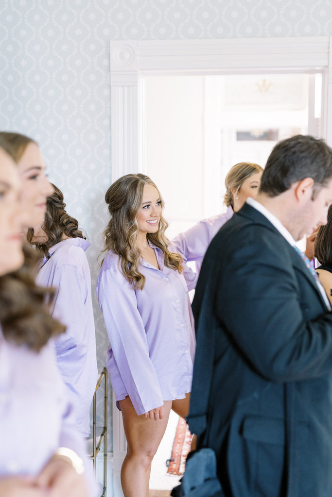 bridal party getting ready in purple pajama pants